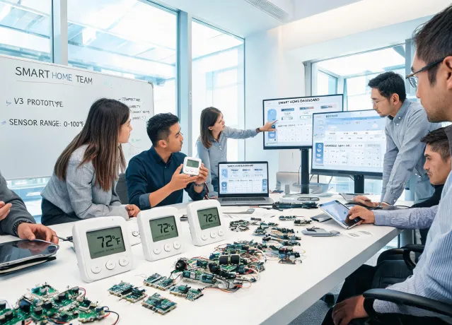 Ecobee connected appliance team reviewing smart thermostat prototypes